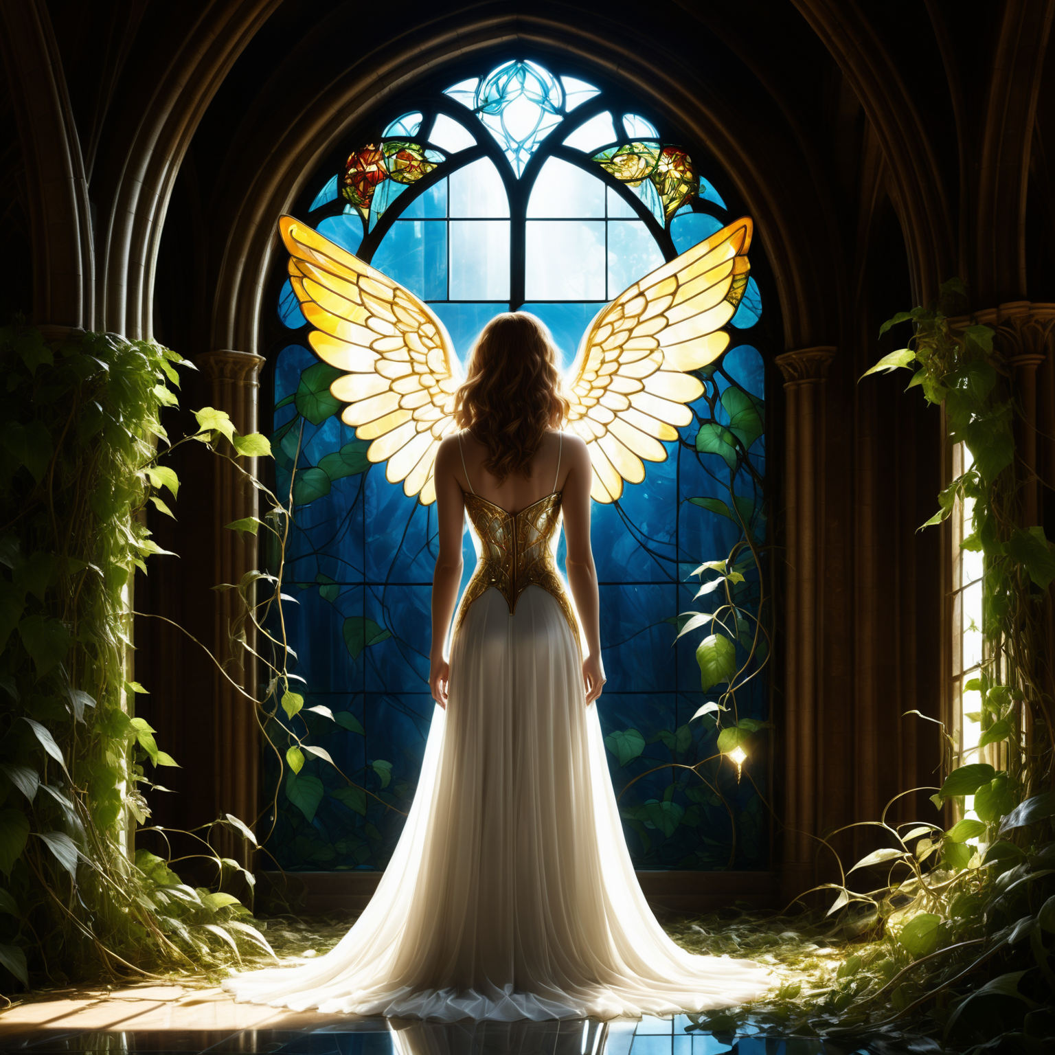 5. A living stained glass angel comes to life, spreading its prismatic wings in an abandoned cathedral overgrown with vine...